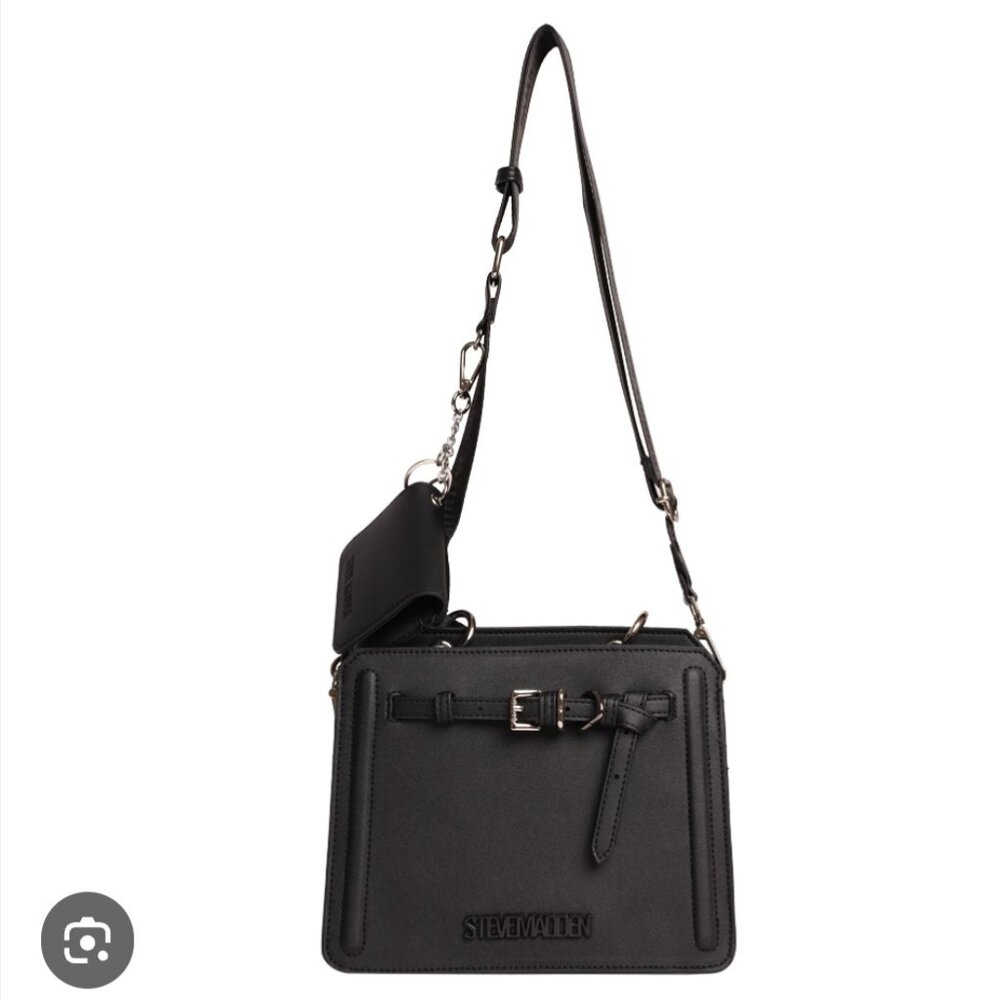 Steve Madden black satchel high end, classic, sleek, date night, and sexy.